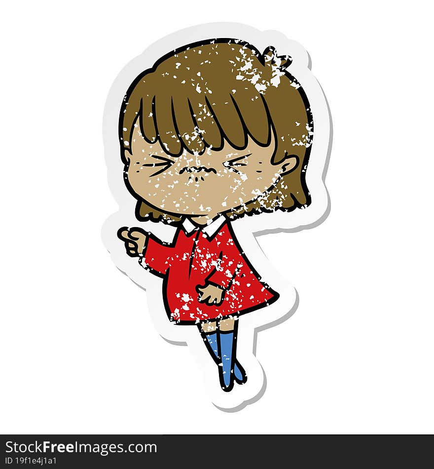 distressed sticker of a annoyed cartoon girl making accusation