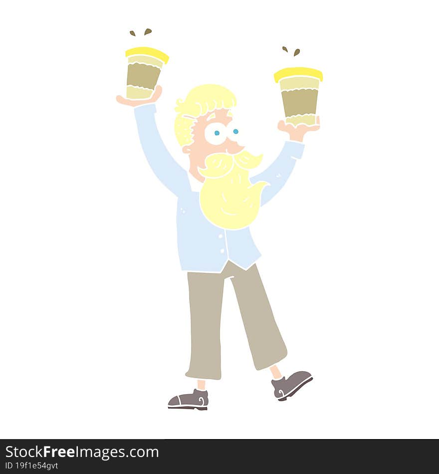 flat color illustration of a cartoon man with coffee cups