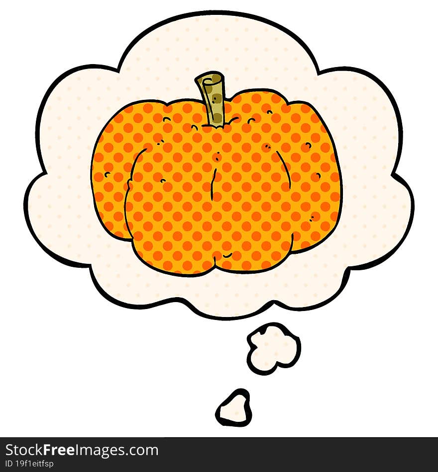 cartoon pumpkin and thought bubble in comic book style