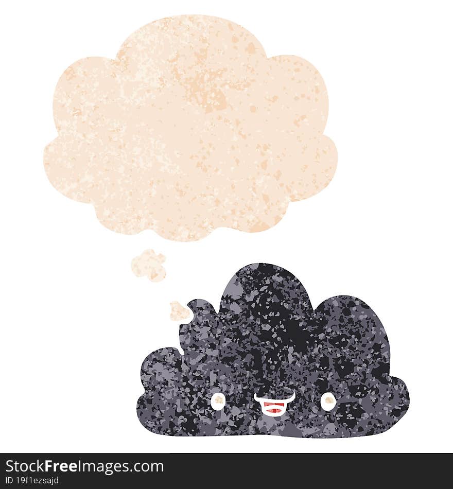 happy cartoon cloud and thought bubble in retro textured style