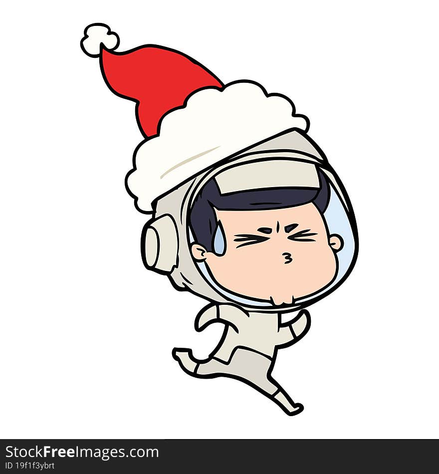 hand drawn line drawing of a stressed astronaut wearing santa hat