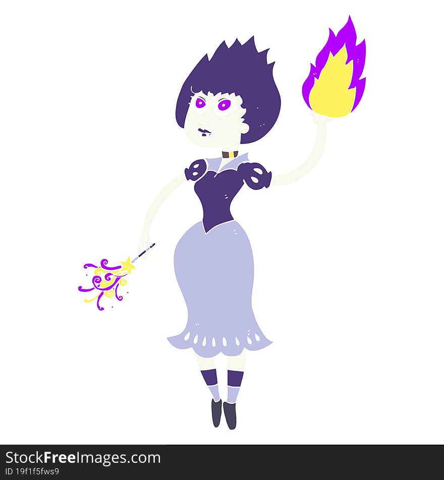 flat color illustration of a cartoon vampire girl casting fireball