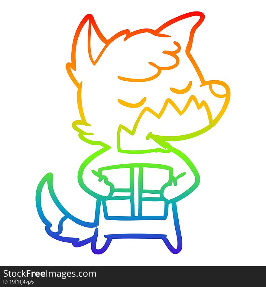 rainbow gradient line drawing of a friendly cartoon fox with christmas present