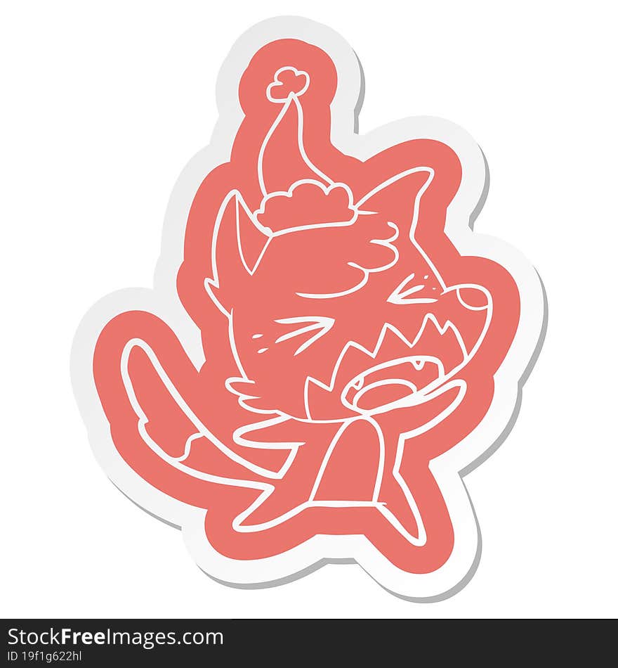 angry cartoon  sticker of a fox wearing santa hat