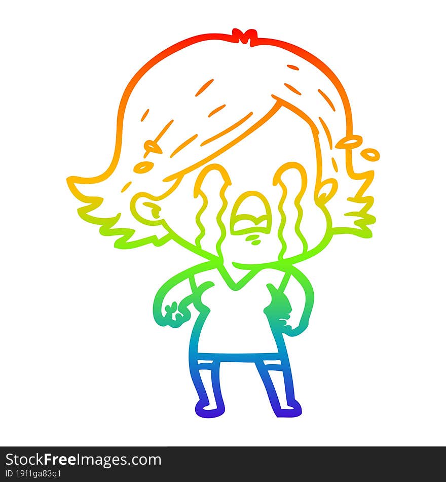 rainbow gradient line drawing of a cartoon woman crying