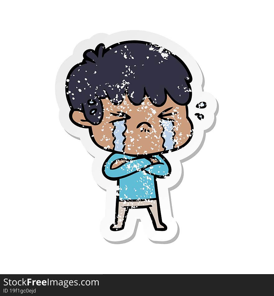 distressed sticker of a cartoon boy crying