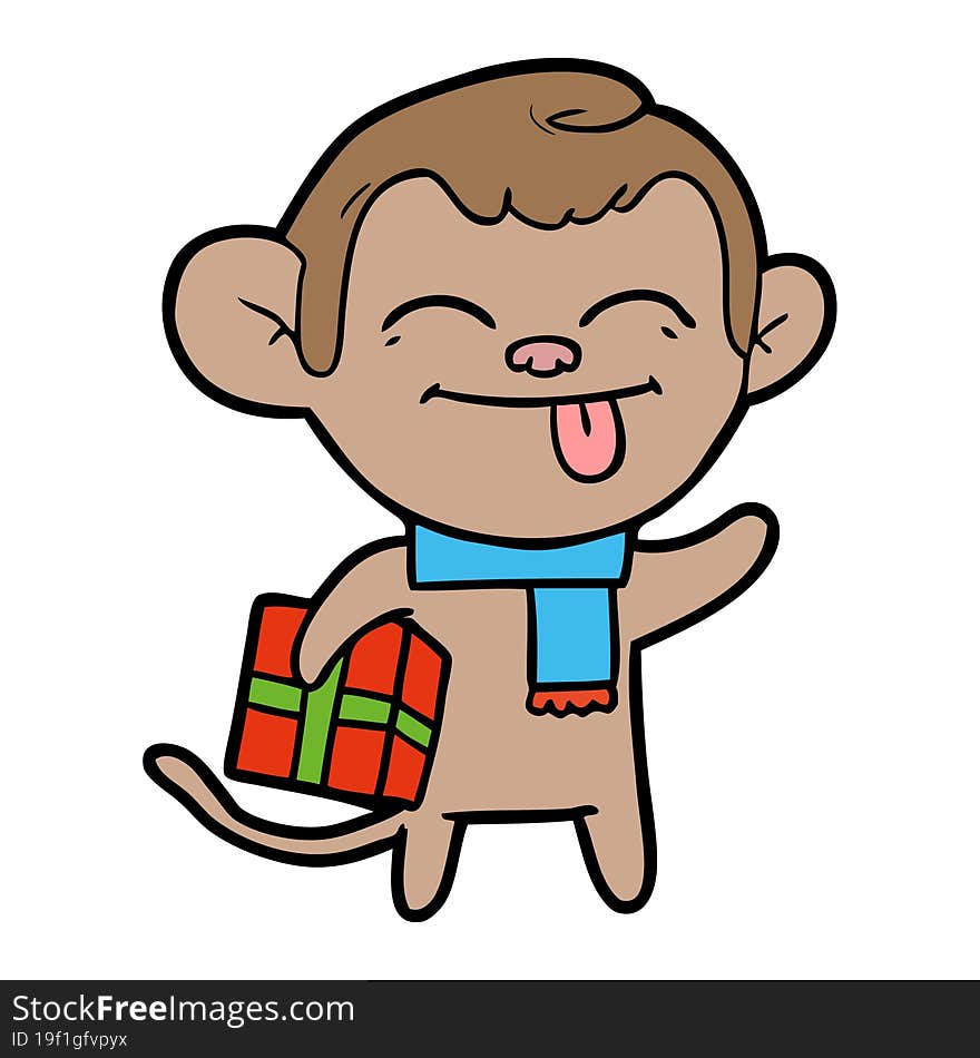 funny cartoon monkey with christmas present. funny cartoon monkey with christmas present