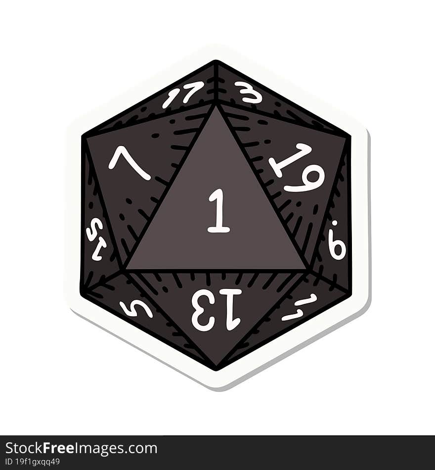 sticker of a natural 1 D20 dice roll. sticker of a natural 1 D20 dice roll