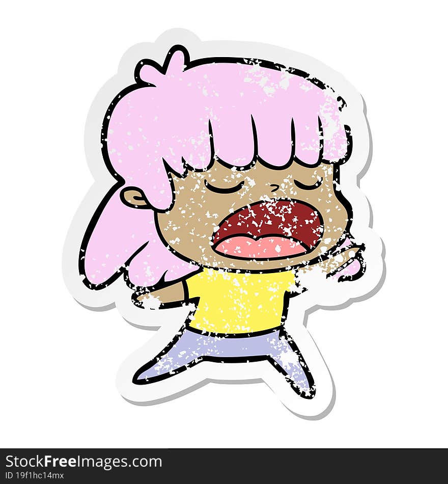 distressed sticker of a cartoon woman talking loudly