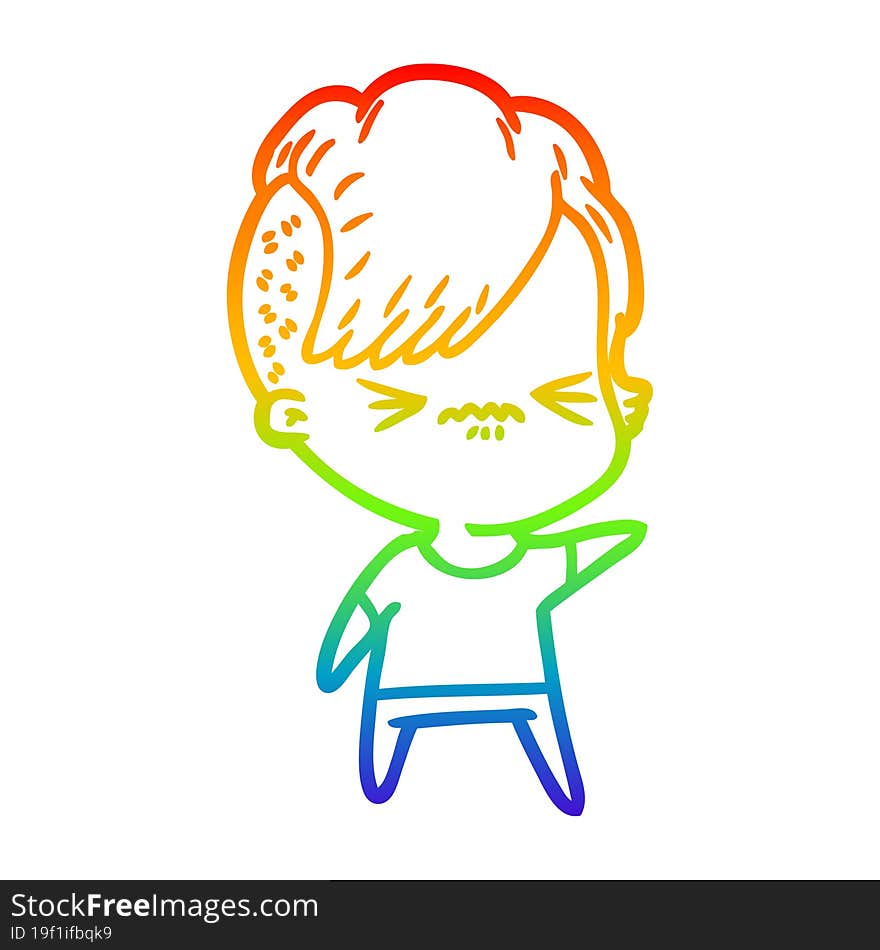 rainbow gradient line drawing of a cartoon annoyed hipster girl