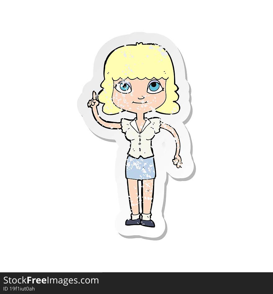 retro distressed sticker of a cartoon woman with idea