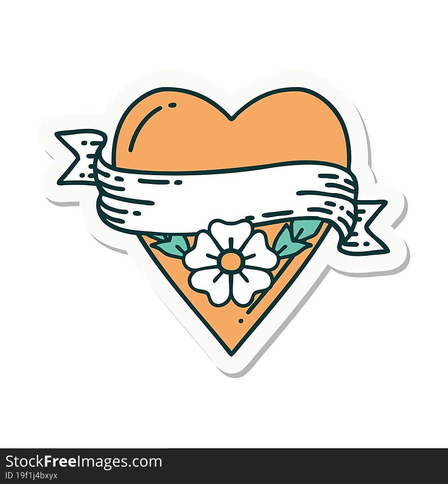 sticker of tattoo in traditional style of a heart flower and banner. sticker of tattoo in traditional style of a heart flower and banner