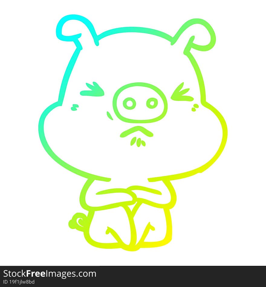 cold gradient line drawing of a cartoon angry pig sat waiting