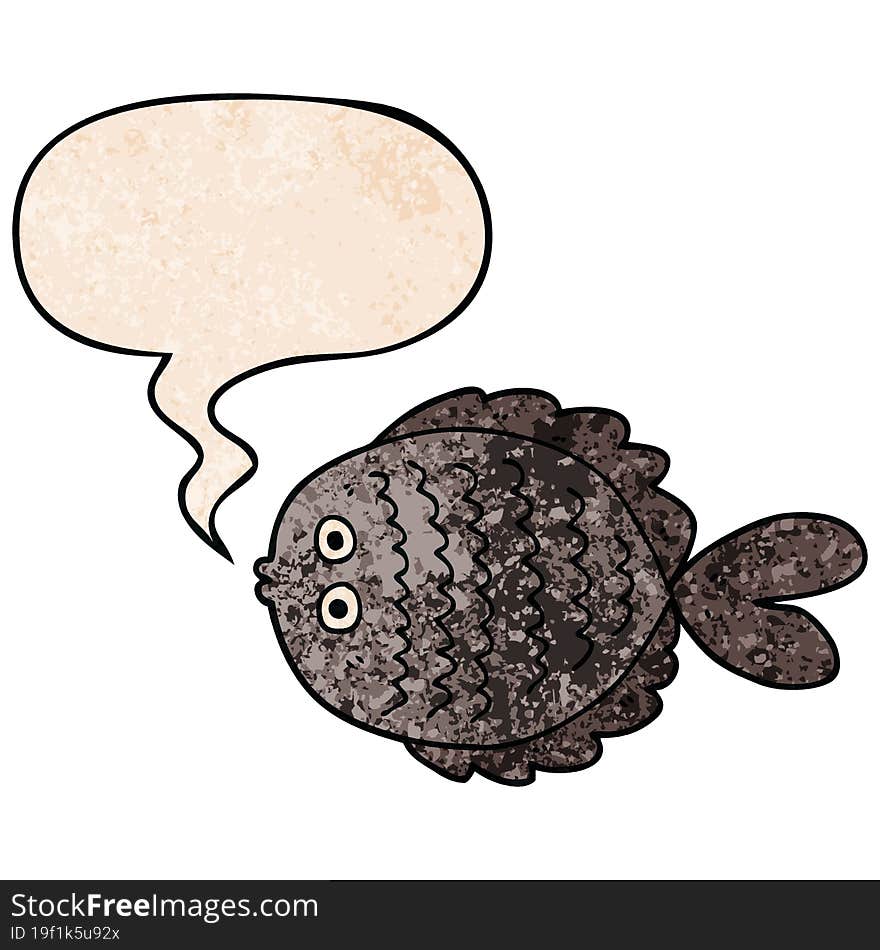 cartoon flat fish and speech bubble in retro texture style