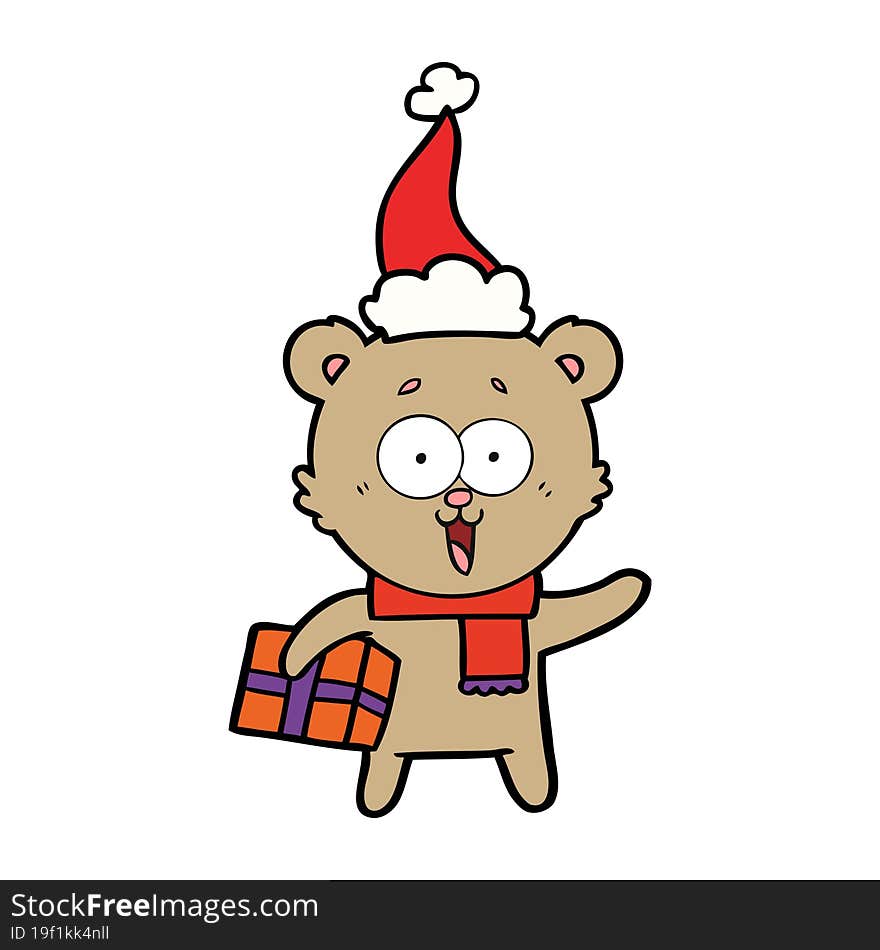 Laughing Teddy  Bear With Christmas Present Wearing Santa Hat