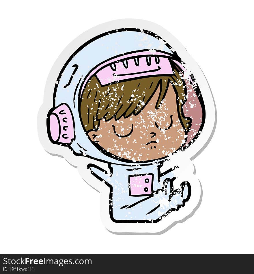 distressed sticker of a cartoon astronaut woman