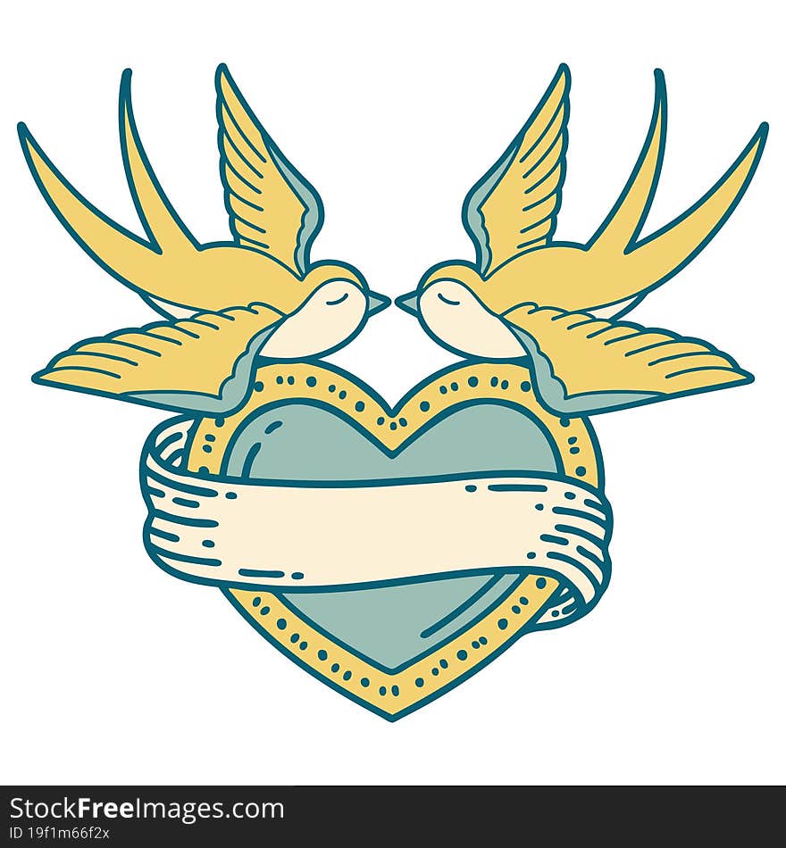 Tattoo Style Icon Of A Swallows And A Heart With Banner