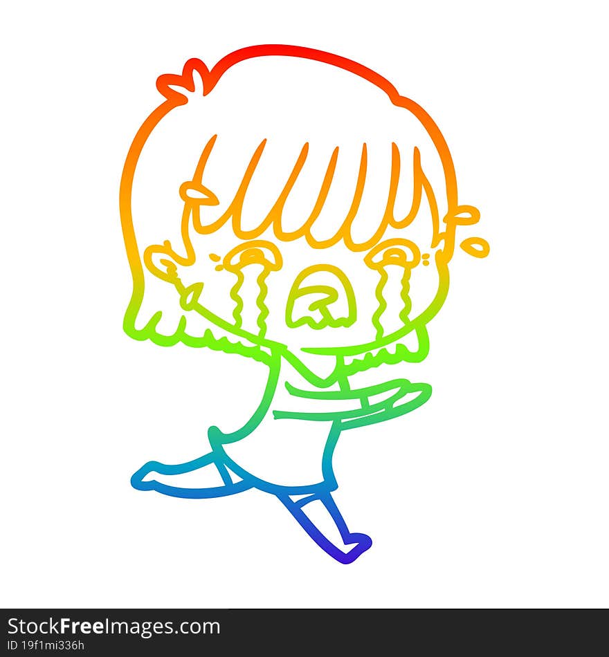 rainbow gradient line drawing of a cartoon girl crying