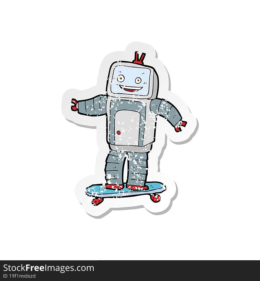 retro distressed sticker of a cartoon skateboarding robot