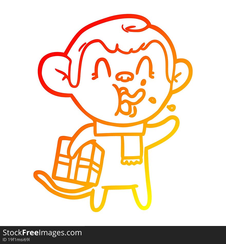 warm gradient line drawing of a crazy cartoon monkey with christmas present