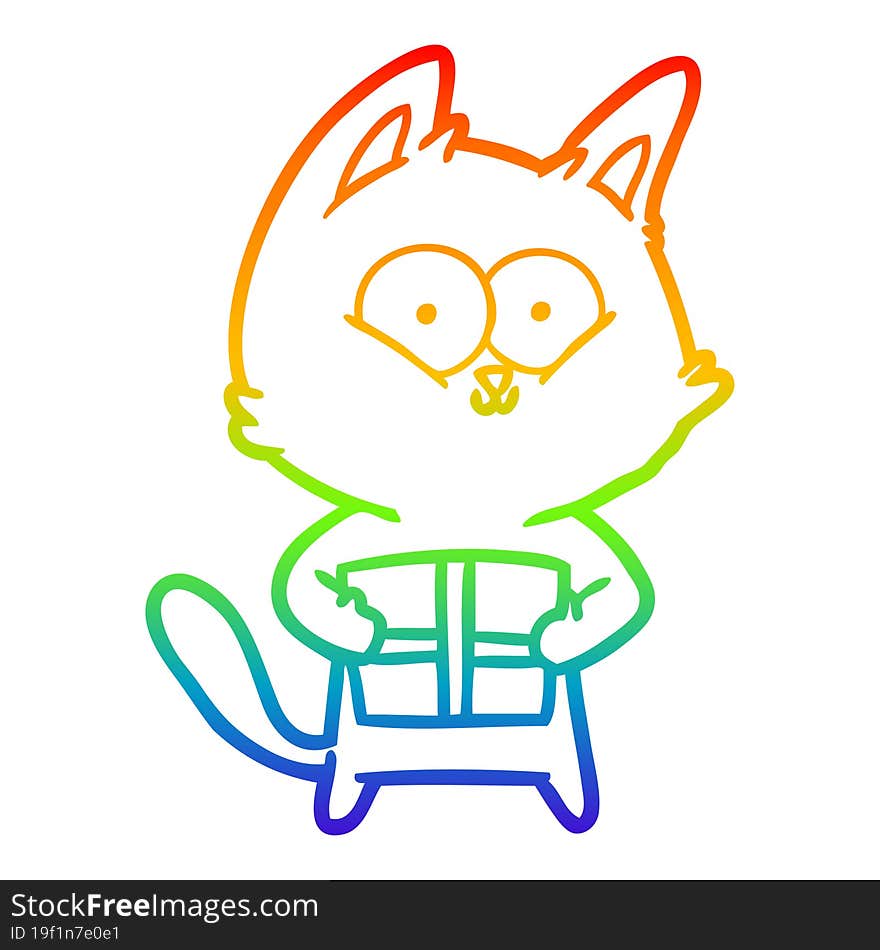 rainbow gradient line drawing cartoon cat holding christmas present