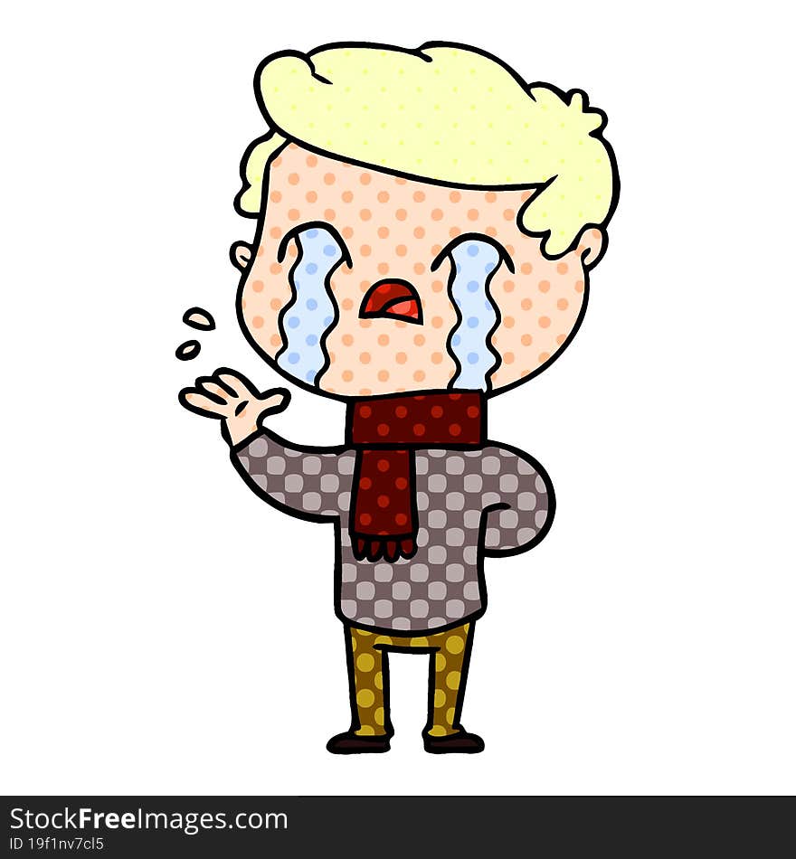 cartoon man crying wearing winter scarf. cartoon man crying wearing winter scarf