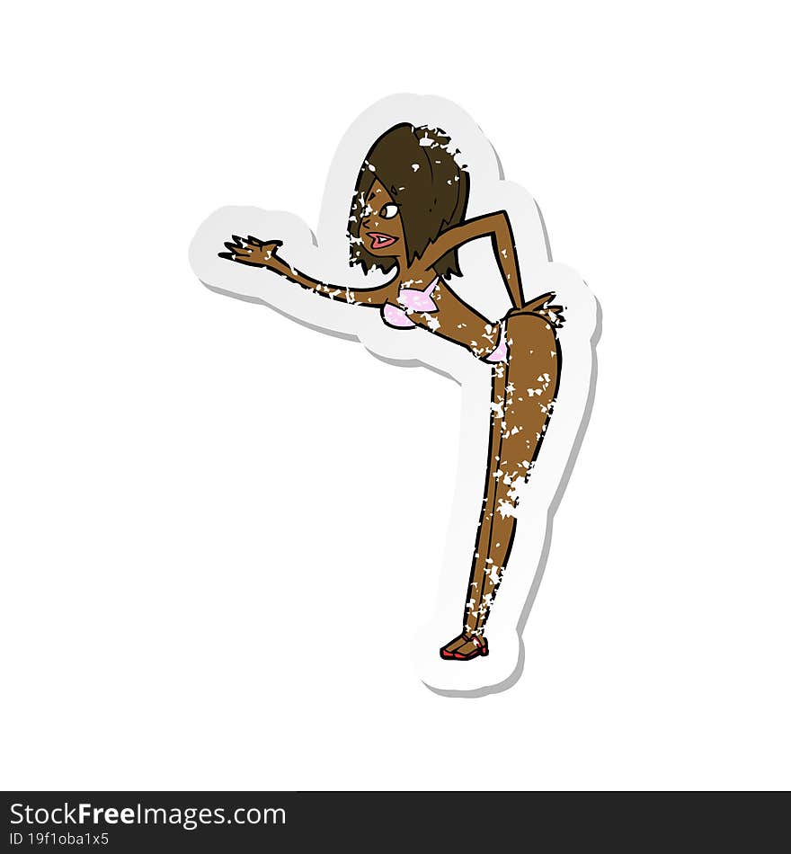 retro distressed sticker of a cartoon woman in bikini