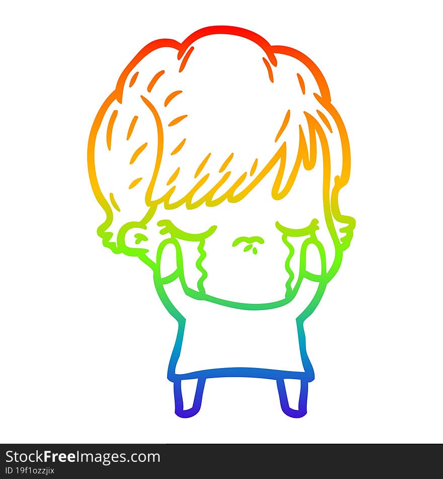 rainbow gradient line drawing of a cartoon woman crying