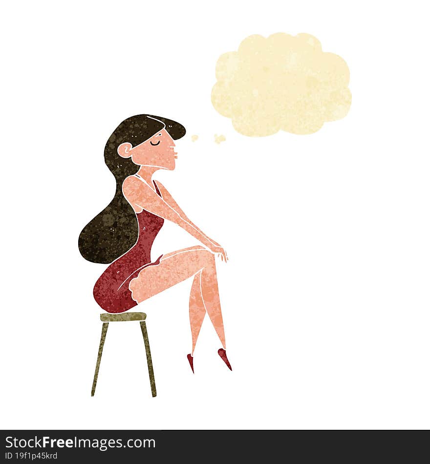 Cartoon Woman Sitting On Stool With Thought Bubble