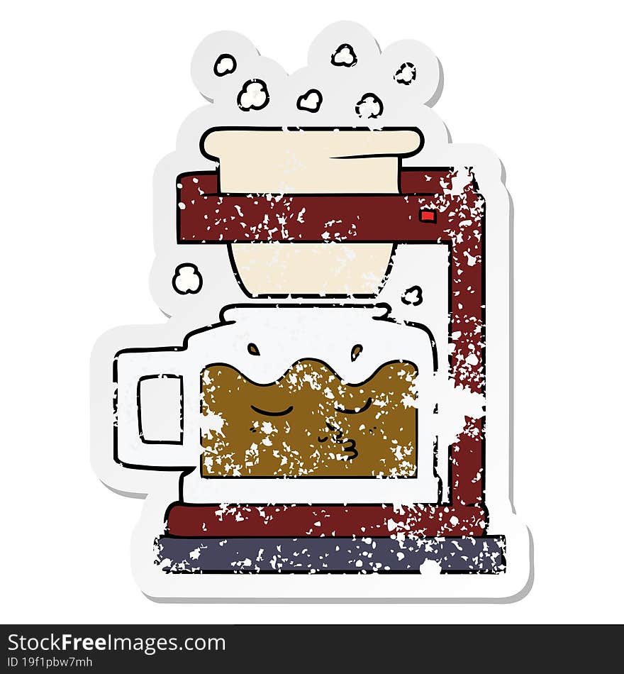 distressed sticker of a cartoon filter coffee machine