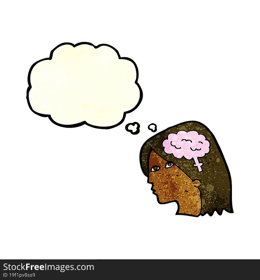 cartoon female head with brain symbol with thought bubble