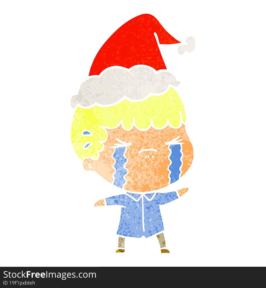 retro cartoon of a man crying wearing santa hat