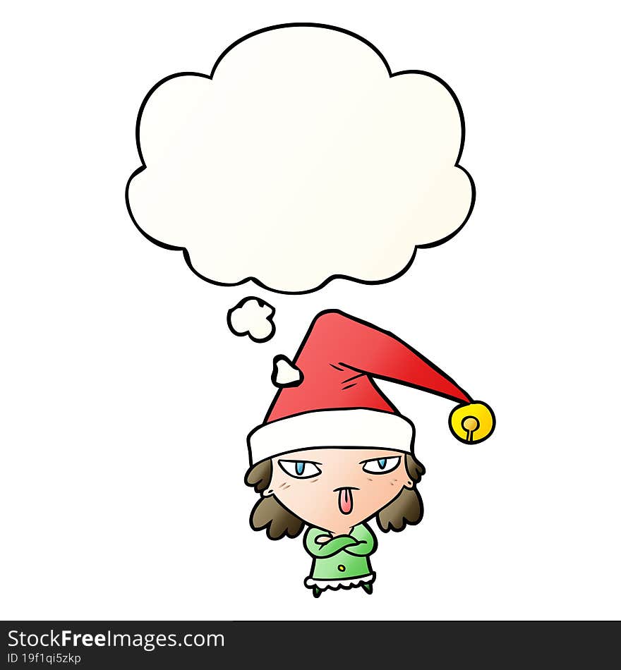 cartoon girl wearing christmas hat and thought bubble in smooth gradient style