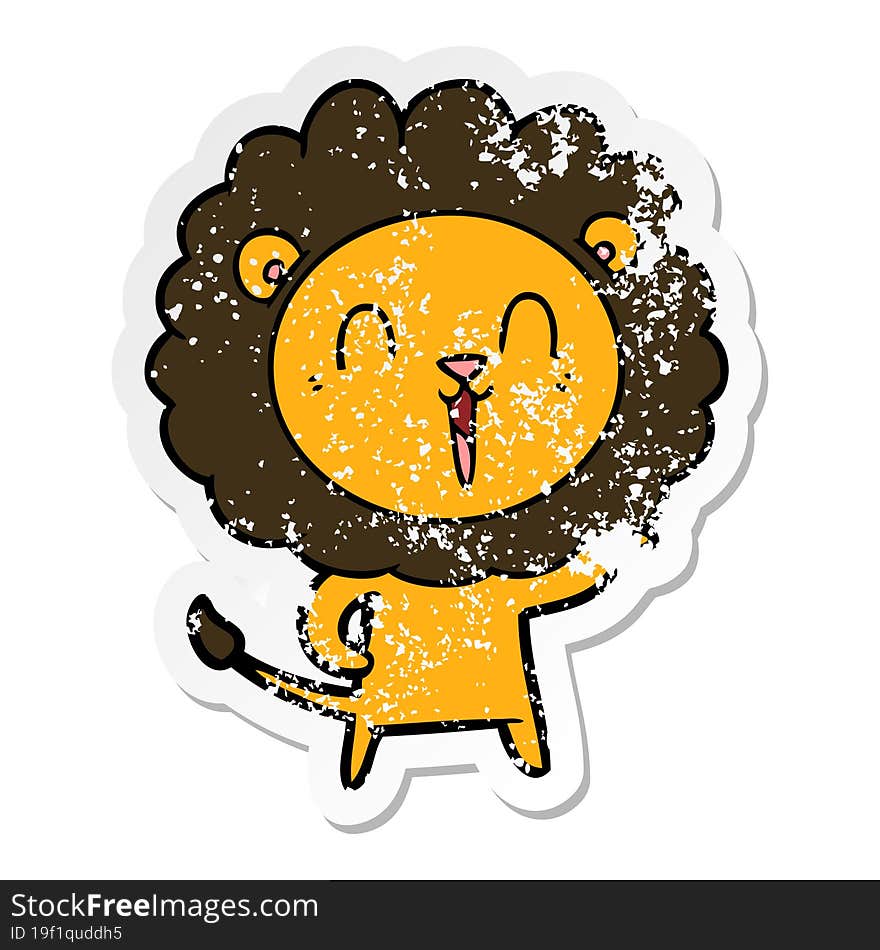 distressed sticker of a laughing lion cartoon