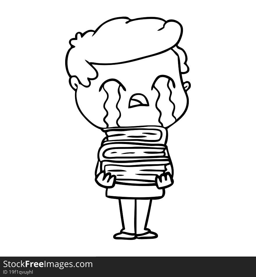 cartoon man crying over stack of books. cartoon man crying over stack of books