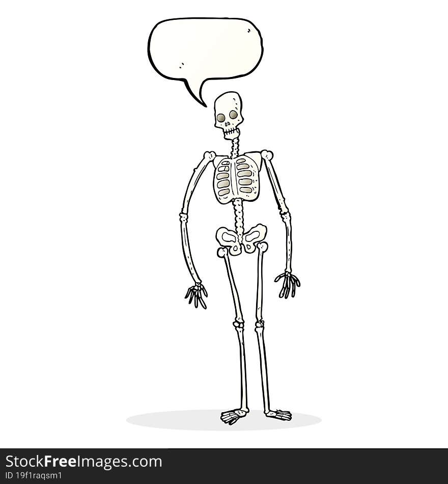 cartoon spooky skeleton with speech bubble