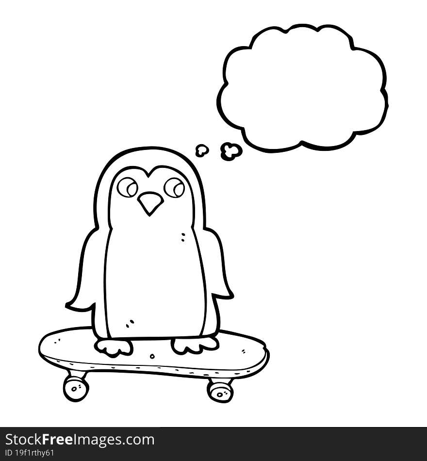 thought bubble cartoon penguin riding skateboard