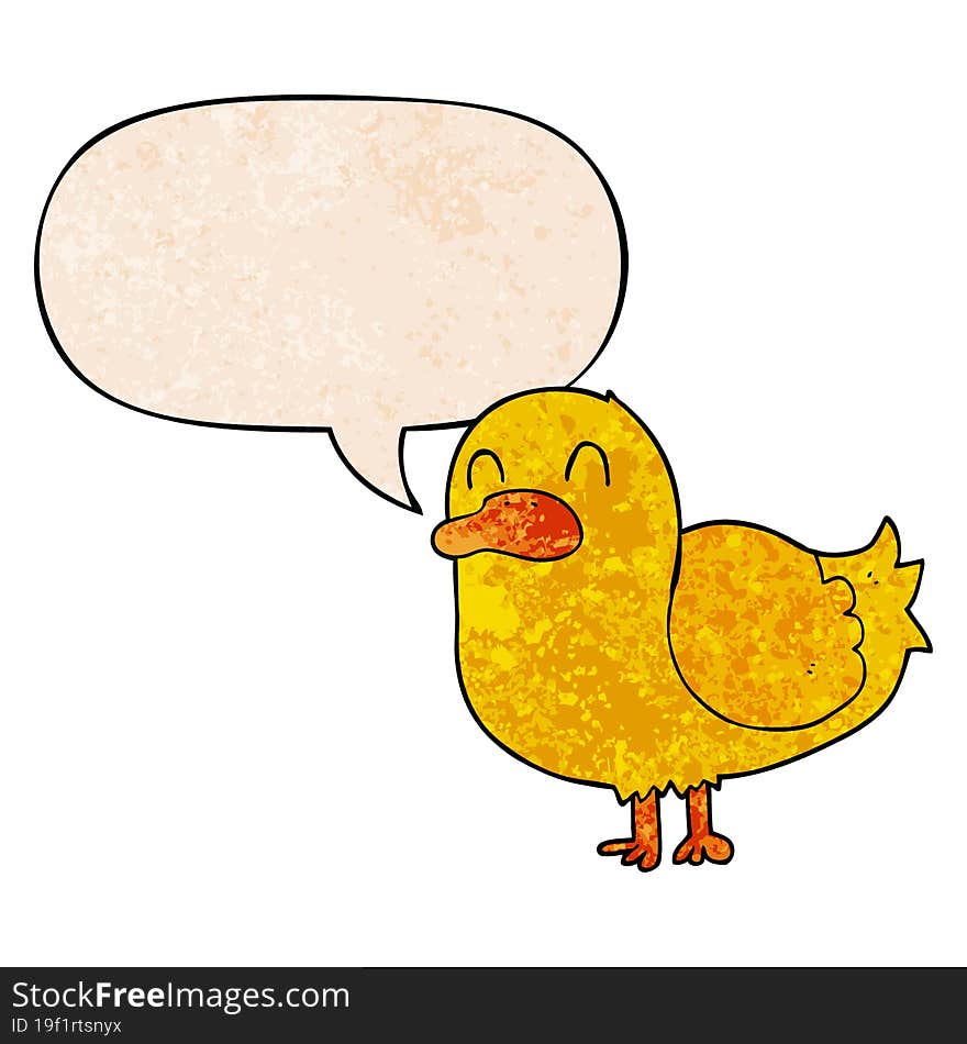 Cartoon Duck And Speech Bubble In Retro Texture Style