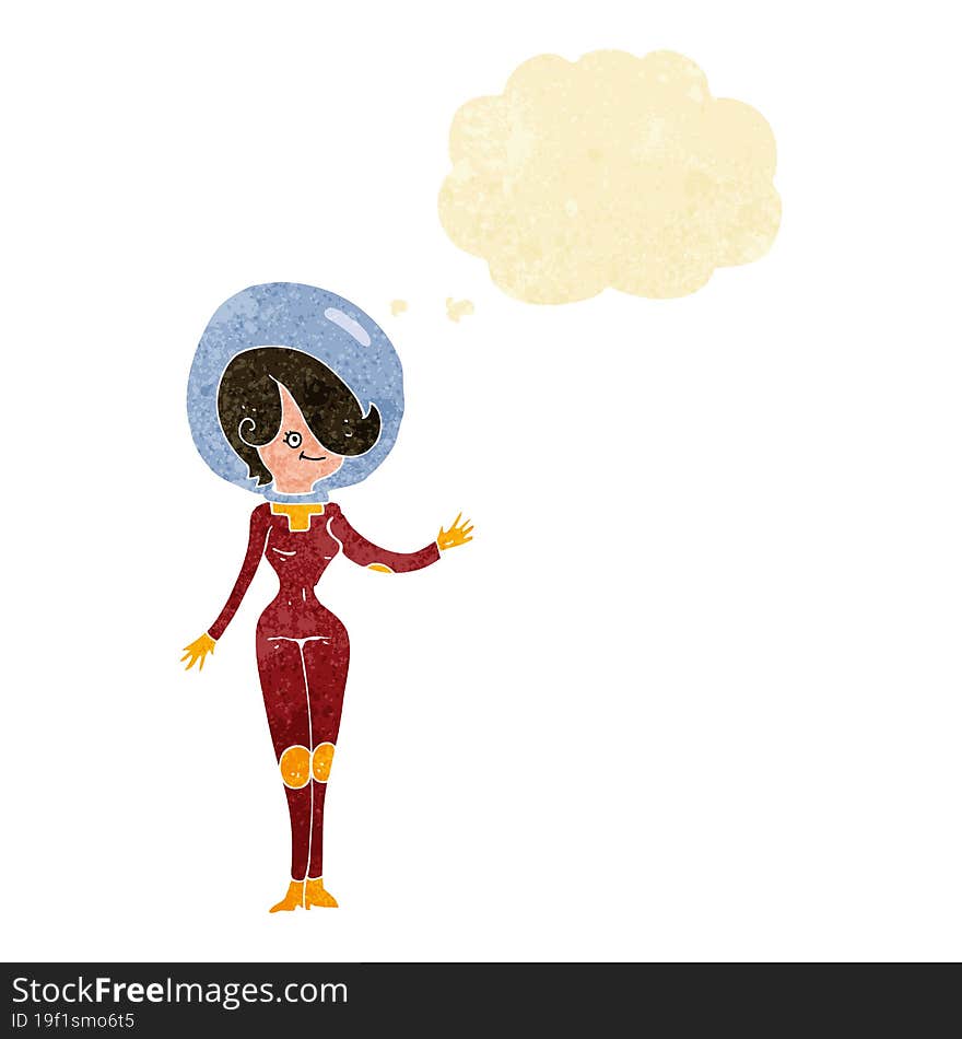 cartoon space woman with thought bubble