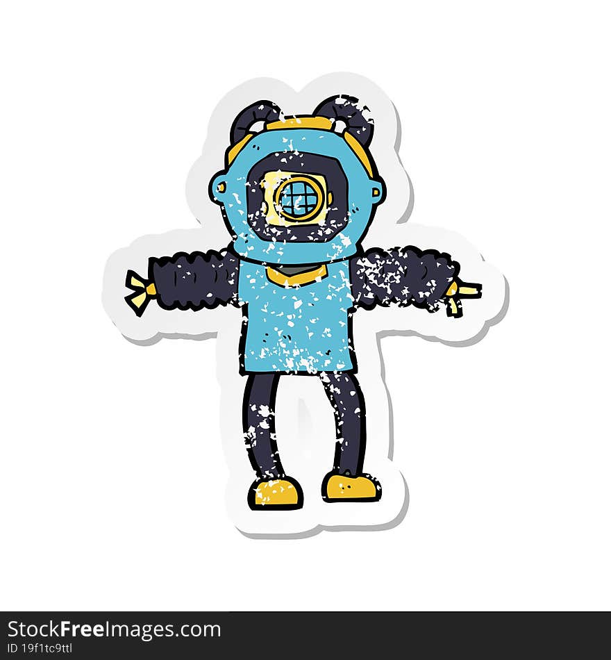 retro distressed sticker of a cartoon deep sea diver