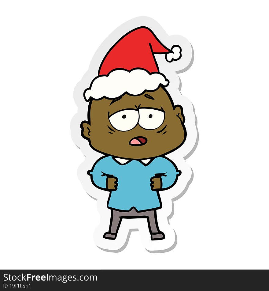 hand drawn sticker cartoon of a tired bald man wearing santa hat