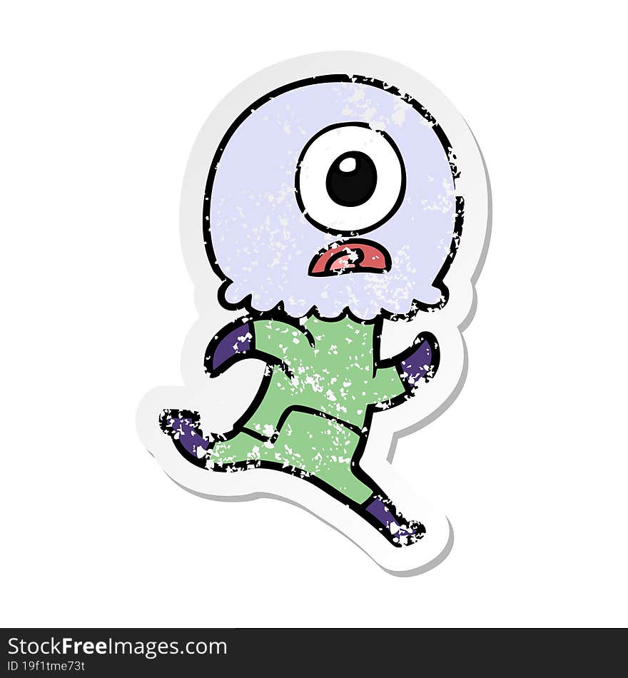 Distressed Sticker Of A Cartoon Cyclops Alien Spaceman Running