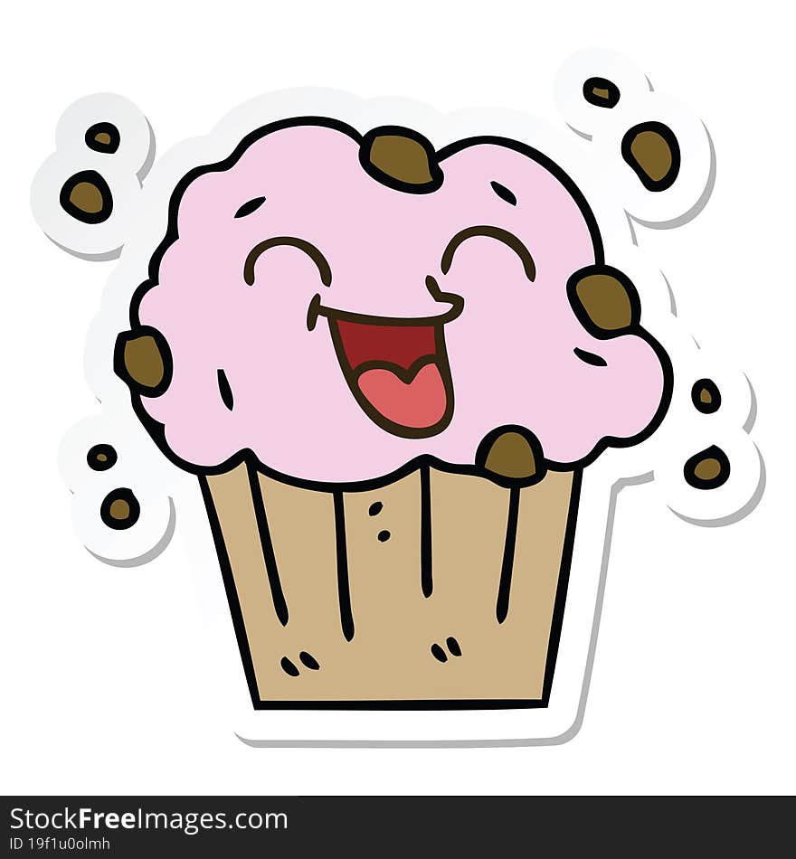 sticker of a quirky hand drawn cartoon happy muffin