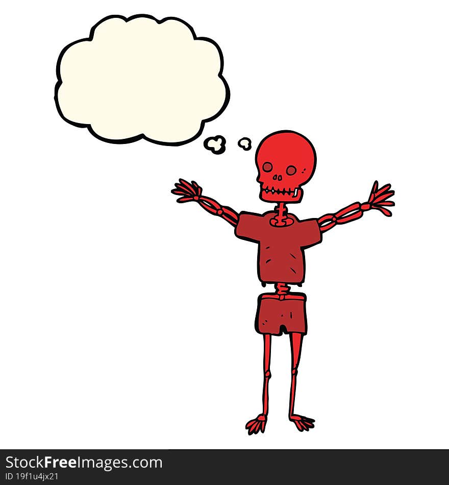 cartoon skeleton in clothes with thought bubble