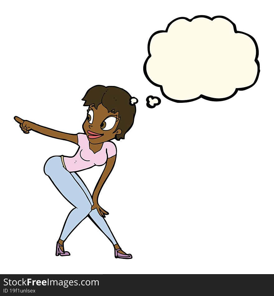 Cartoon Pretty Woman Pointing With Thought Bubble