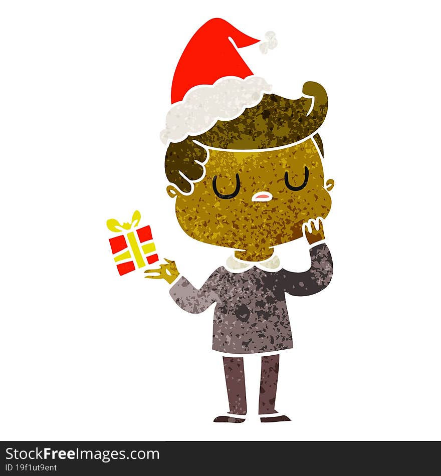 retro cartoon of a man wondering wearing santa hat