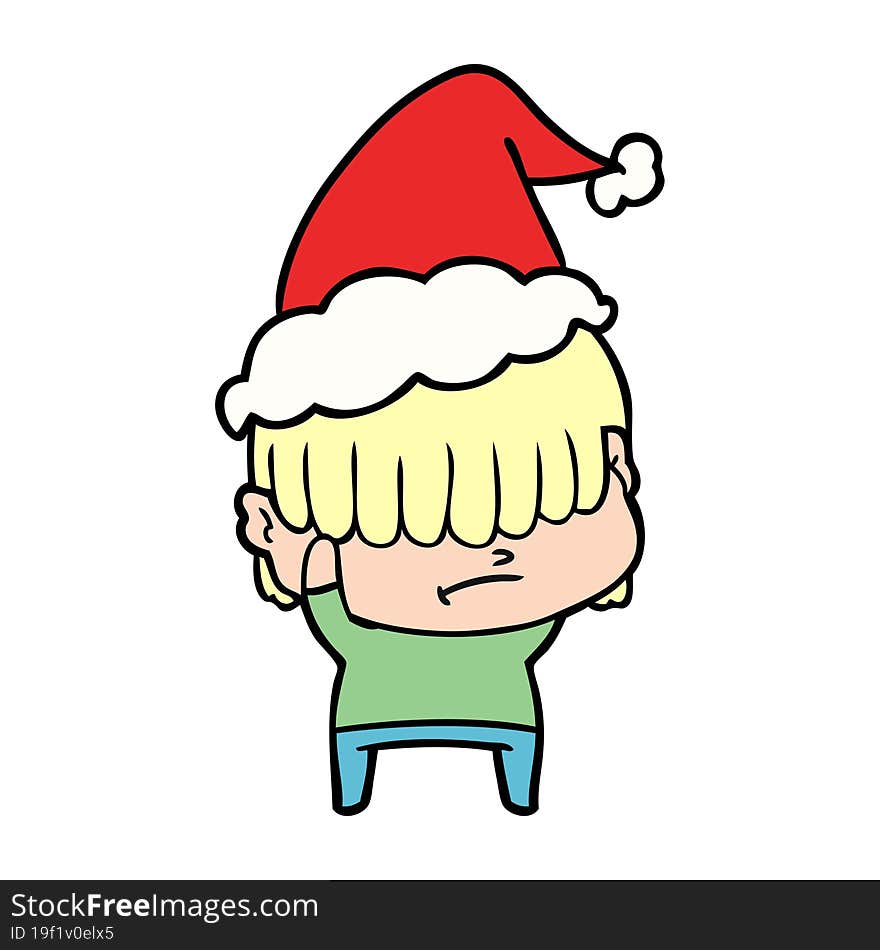 hand drawn line drawing of a boy with untidy hair wearing santa hat