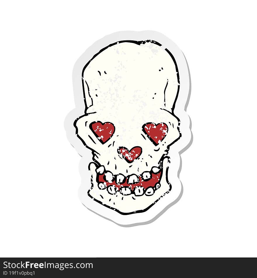 retro distressed sticker of a cartoon skull with love heart eyes