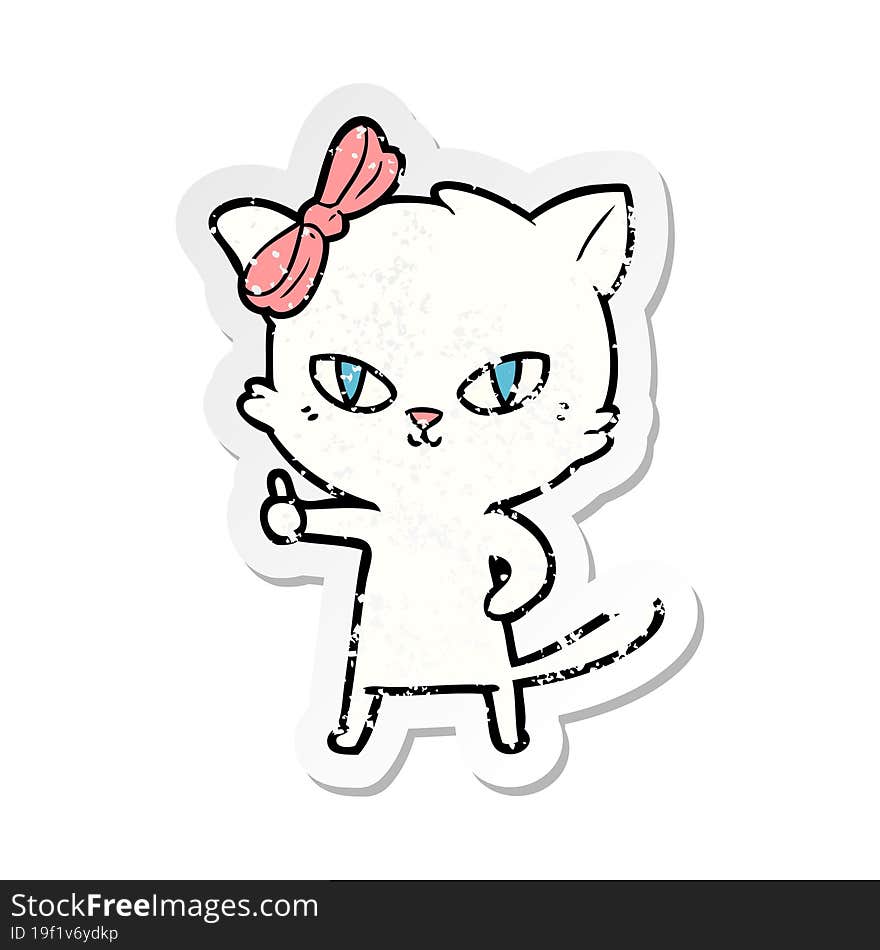 distressed sticker of a cute cartoon cat giving thumbs up symbol