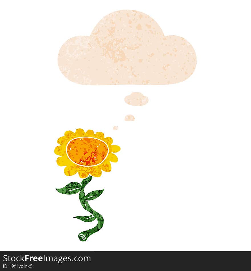 cartoon sunflower and thought bubble in retro textured style